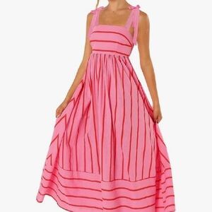 Pink and Red Stripped Maxi Dress with Ribbon Straps